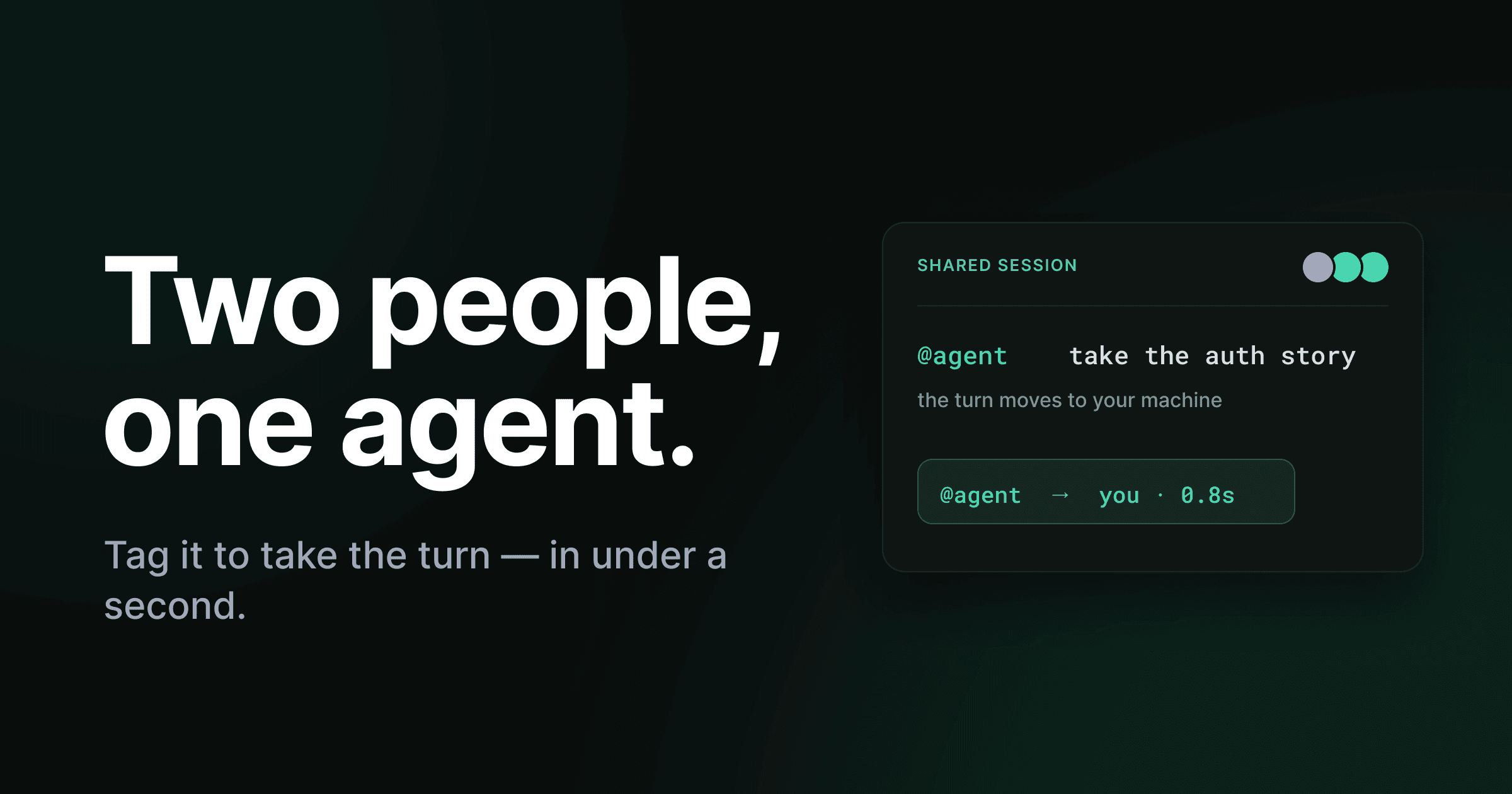 Two teammates sharing one live AI agent session — the turn handing off from Alice to Bob in under a second after Bob tags @agent